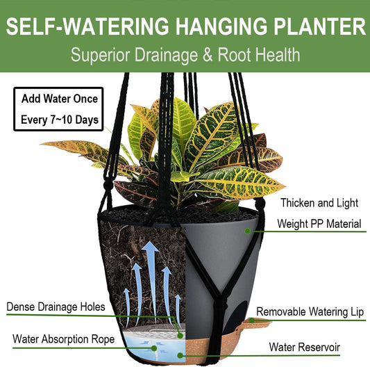 3 Pack Self Watering Hanging Planters Macrame Plant Hangers with Indoor Flower Pots, 3 Different Size Hanging Basket, Plant Hanger with Hooks for Garden Home Decor Black