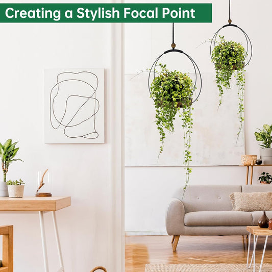 Hanging Planters for Indoor Plants,Plant Hanger with Sturdy Wood Base,Modern Boho Macrame Plant Hanger,Wall Ceiling Window Stands(Plants/Pots Not Included) (2 Pack-Circle)