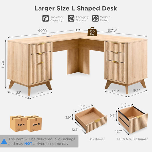 T4TREAM 60'' Fluted Executive L Shaped Desk, Modern Home Office Desk with Charging Station and File Drawer, Computer Corner Desks with Drawers & Storage Cabinet for Office Home, Bedroom, Natural Oak