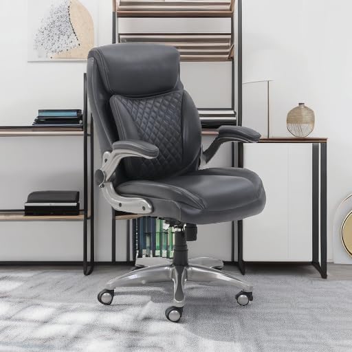 Amazon Basics Ergonomic Executive Office Desk Chair with Lumbar Support, Flip-up Armrests, Adjustable Height, Grey Leather
