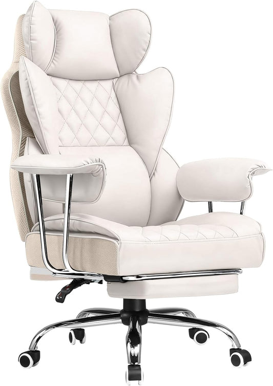 COMHOMA Big and Tall Office Chair, High Back Leather Gaming Chair with Footrest, Executive Ergonomic Office Chairs with Pocket Spring Lumbar Support and with Outward Fixed Soft Armrests