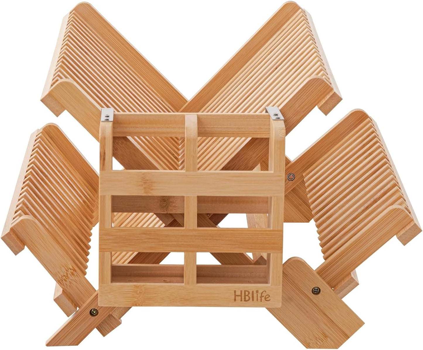 HBlife Dish Rack,Teak Folding 2-Tier Collapsible Drainer Dish Drying Rack with Utensils Flatware Holder Set