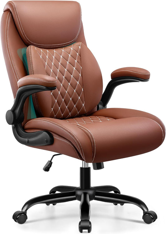 Office Chair,Ergonomic Office Chair with Lumbar Support for Lower Back Pain Relief, Executive Leather Chair with Padded Flip-up Arms, Wheels and Adjustable Armrests, Brown