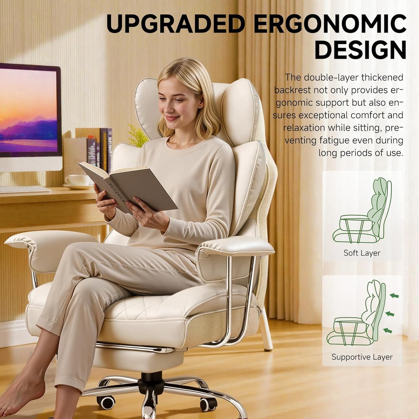 COMHOMA Big and Tall Office Chair, High Back Leather Gaming Chair with Footrest, Executive Ergonomic Office Chairs with Pocket Spring Lumbar Support and with Outward Fixed Soft Armrests