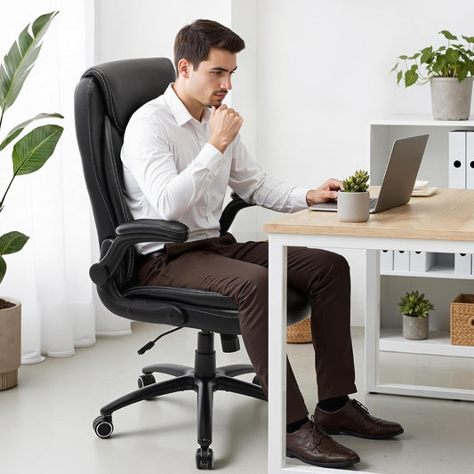 Ergonomic PU Leather Office Chair with Flip-Up Armrests, Reclining Backrest, Adjustable Height & Tilt Tension, Thick Padded Seat, Breathable Leather, 300LBS Capacity Executive Desk Chair,Black