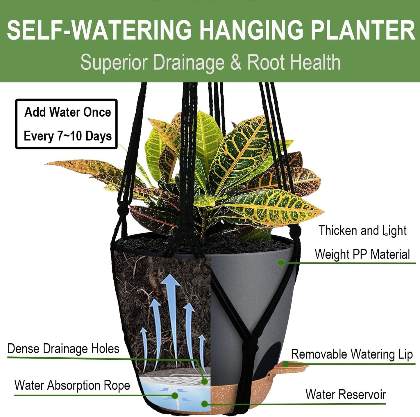 3 Pack Self Watering Hanging Planters Macrame Plant Hangers with Indoor Flower Pots, 3 Different Size Hanging Basket, Plant Hanger with Hooks for Garden Home Decor Black