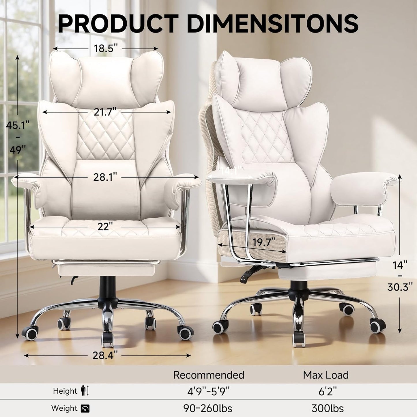 COMHOMA Big and Tall Office Chair, High Back Leather Gaming Chair with Footrest, Executive Ergonomic Office Chairs with Pocket Spring Lumbar Support and with Outward Fixed Soft Armrests