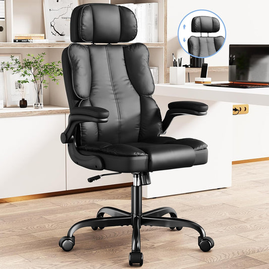 Executive Leather Office Chair, Computer Chair with Thick Cushion & Lumbar Support, Ergonomic Desk Chair with Adjustable Headrest & Armrests,Black