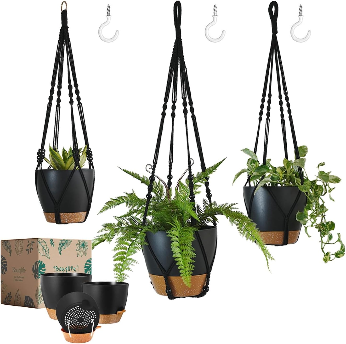 3 Pack Self Watering Hanging Planters Macrame Plant Hangers with Indoor Flower Pots, 3 Different Size Hanging Basket, Plant Hanger with Hooks for Garden Home Decor Black