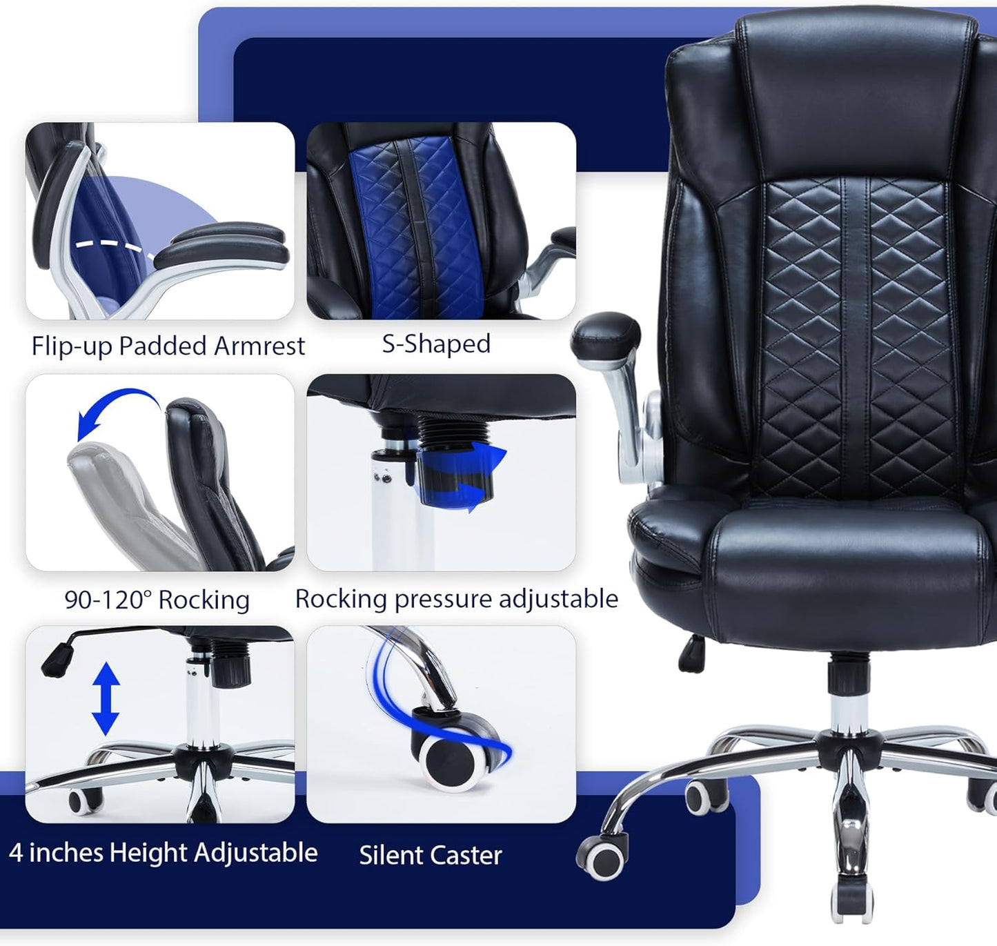 400lbs Executive Office Chair with Flip-Up Armrests, Big and Tall Computer Chair for Heavy People, Heavy Duty Ergonomic Comfy Chair, Breathable PU Leather (Black)