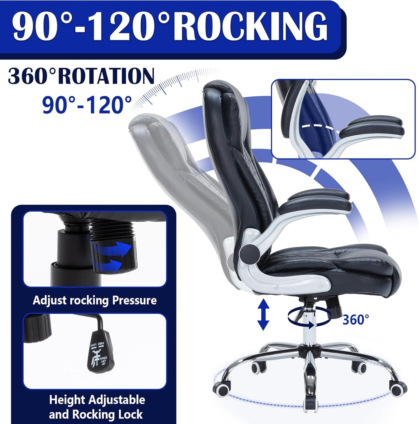 400lbs Executive Office Chair with Flip-Up Armrests, Big and Tall Computer Chair for Heavy People, Heavy Duty Ergonomic Comfy Chair, Breathable PU Leather (Black)