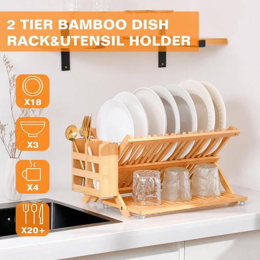 Dish Drying Rack, Foldable Dish Rack for Kitchen, Bamboo Compact Wooden Plate Holder - Functional Wood Dryer Rack for Plates - Space-Saving Storage Organizer,Dish Racks for Kitchen Counter