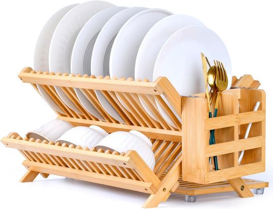 Dish Drying Rack, Foldable Dish Rack for Kitchen, Bamboo Compact Wooden Plate Holder - Functional Wood Dryer Rack for Plates - Space-Saving Storage Organizer,Dish Racks for Kitchen Counter