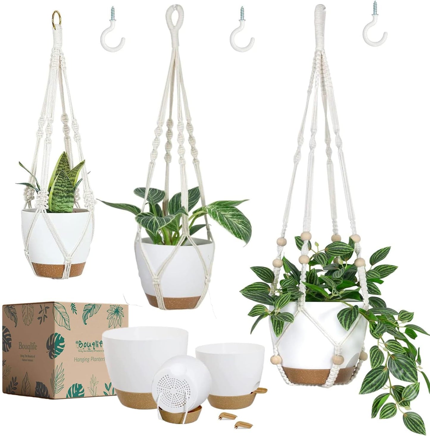 3 Pack Self Watering Hanging Planters Macrame Plant Hangers with Indoor Flower Pots, 3 Different Size Hanging Basket, Plant Hanger with Hooks for Garden Home Decor Black