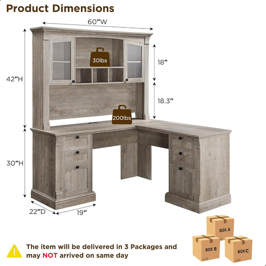 OKD 60" L Shaped Executive Desk with Hutch and Drawers, Farmhouse Home Office Desk with Charging Station, File Cabinet Storage, Wood Corner Computer Desk for Work and Study, Light Rustic Oak