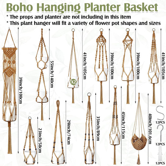 Hoteam 12 Pcs Macrame Plant Hangers Macrame Hanging Planters for Indoor Plants Handmade Boho Hanging Baskets Flower Pots Holder for Outdoor Home Wall Decor