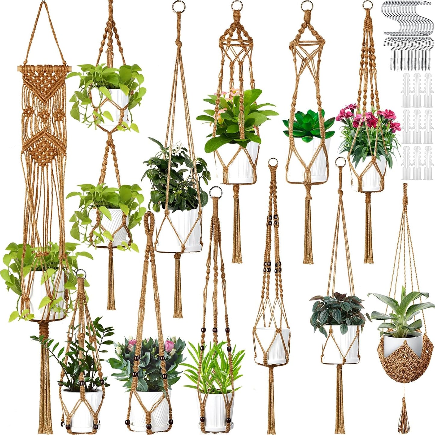 Hoteam 12 Pcs Macrame Plant Hangers Macrame Hanging Planters for Indoor Plants Handmade Boho Hanging Baskets Flower Pots Holder for Outdoor Home Wall Decor