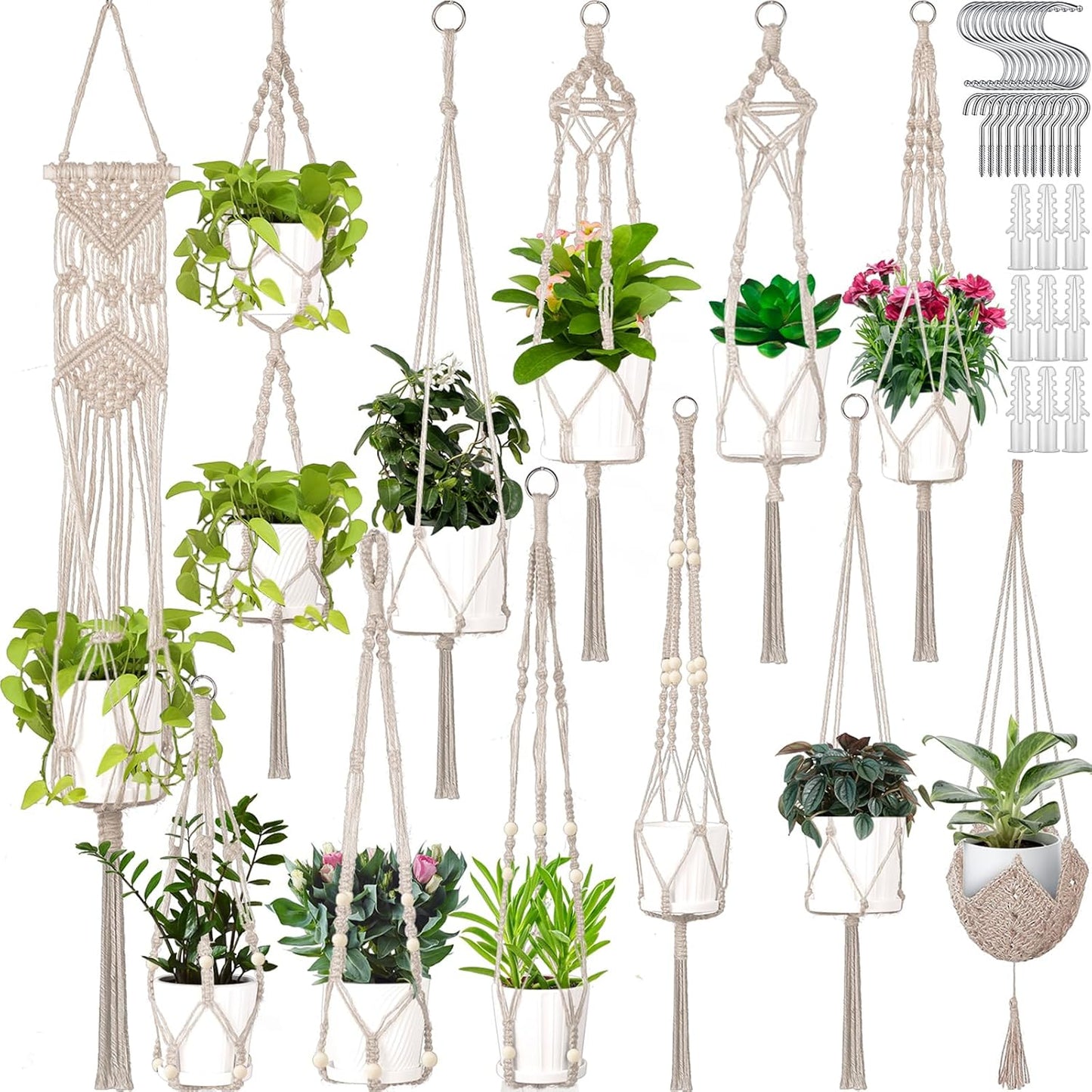 Hoteam 12 Pcs Macrame Plant Hangers Macrame Hanging Planters for Indoor Plants Handmade Boho Hanging Baskets Flower Pots Holder for Outdoor Home Wall Decor