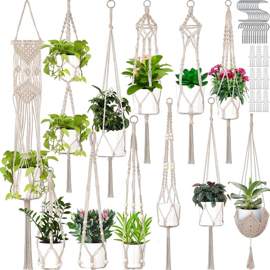 Hoteam 12 Pcs Macrame Plant Hangers Macrame Hanging Planters for Indoor Plants Handmade Boho Hanging Baskets Flower Pots Holder for Outdoor Home Wall Decor