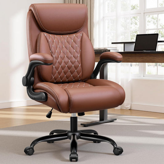 Office Chair,Ergonomic Office Chair with Lumbar Support for Lower Back Pain Relief, Executive Leather Chair with Padded Flip-up Arms, Wheels and Adjustable Armrests, Brown