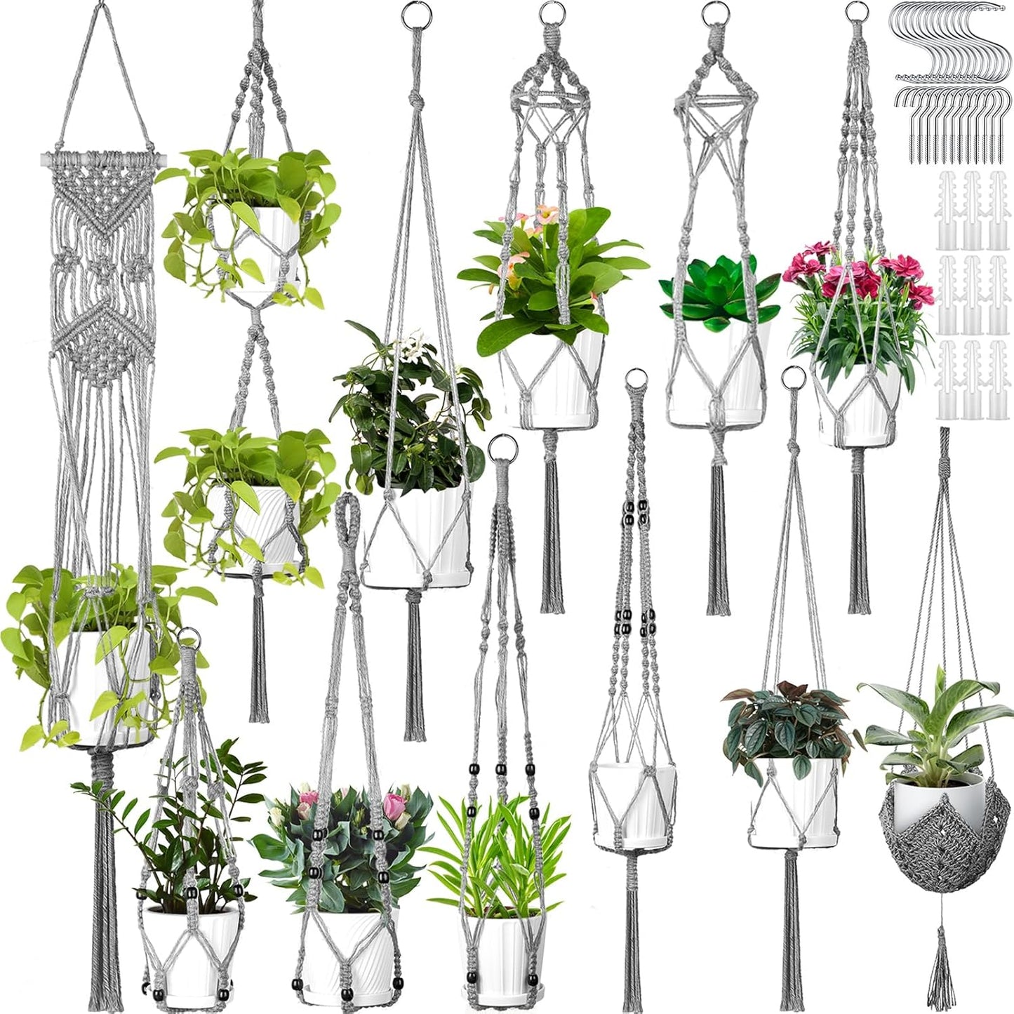 Hoteam 12 Pcs Macrame Plant Hangers Macrame Hanging Planters for Indoor Plants Handmade Boho Hanging Baskets Flower Pots Holder for Outdoor Home Wall Decor