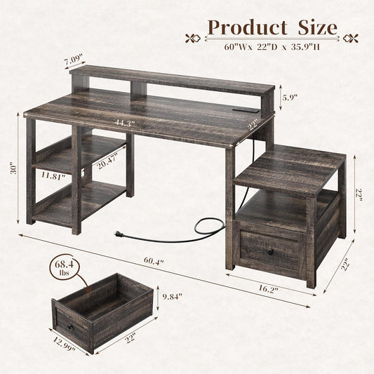 EnHomee 60.4" Computer Desk with Drawer & Storage Shelves, Office Desk with Monitor Stand, Farmhouse Study Desk with Power Outlet & LED Light, Writing Desk for Home and Study Room, Dark Rustic Oak
