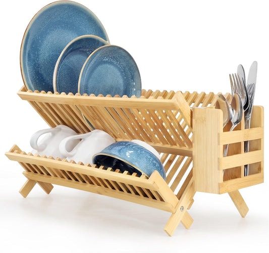 Elama 2-Tier Collapsible Kitchen Bamboo Drying Dish Rack, Collapsible Dish Rack, Kitchen Dish Organizer (2 Tier Utensil Holder)