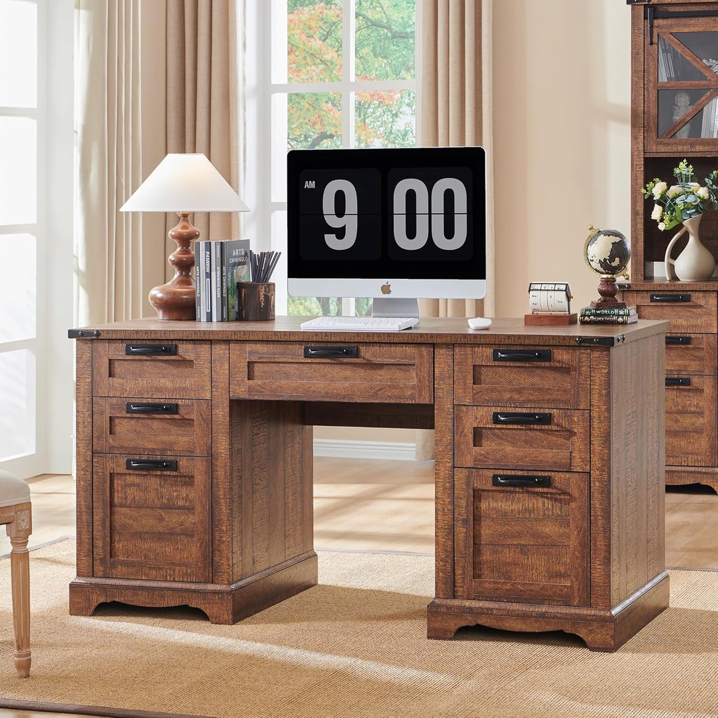 RedLemon 60" Farmhouse Executive Desk with Drawers, Wood Home Office Desk w/Charging Station, Keyboard Tray, File Drawer, Storage Cabinet, Rustic Computer Writing Desk (Natural Oak)