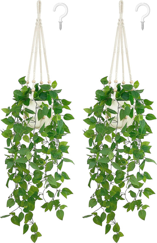 Mkono 2 Packs Fake Hanging Plant with Pot, Artificial Plants Macrame Plant Hanger Fake Vine Greenery for Bedroom Bathroom Home Office Decor
