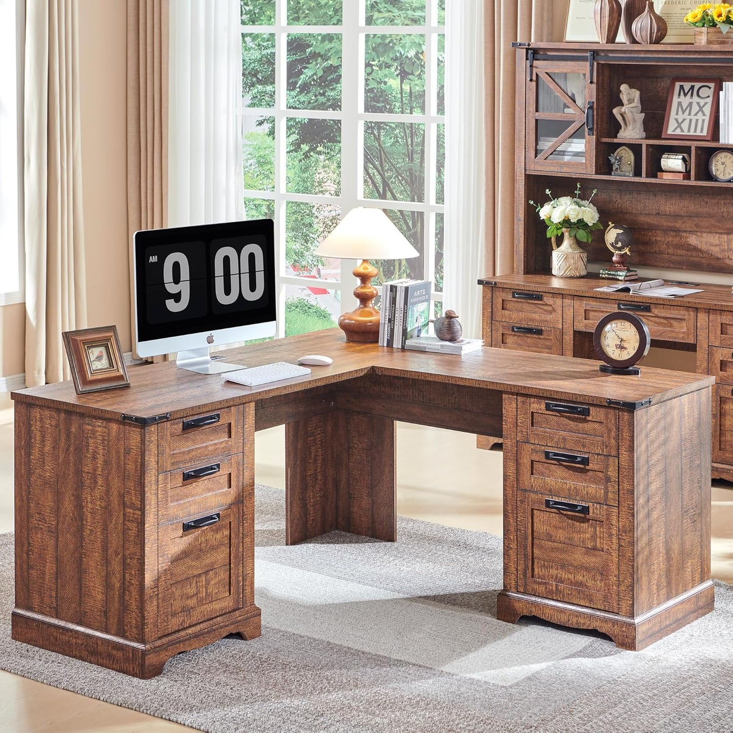 RedLemon 60" Farmhouse Executive Desk with Drawers, Wood Home Office Desk w/Charging Station, Keyboard Tray, File Drawer, Storage Cabinet, Rustic Computer Writing Desk (Natural Oak)