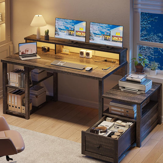 EnHomee 60.4" Computer Desk with Drawer & Storage Shelves, Office Desk with Monitor Stand, Farmhouse Study Desk with Power Outlet & LED Light, Writing Desk for Home and Study Room, Dark Rustic Oak